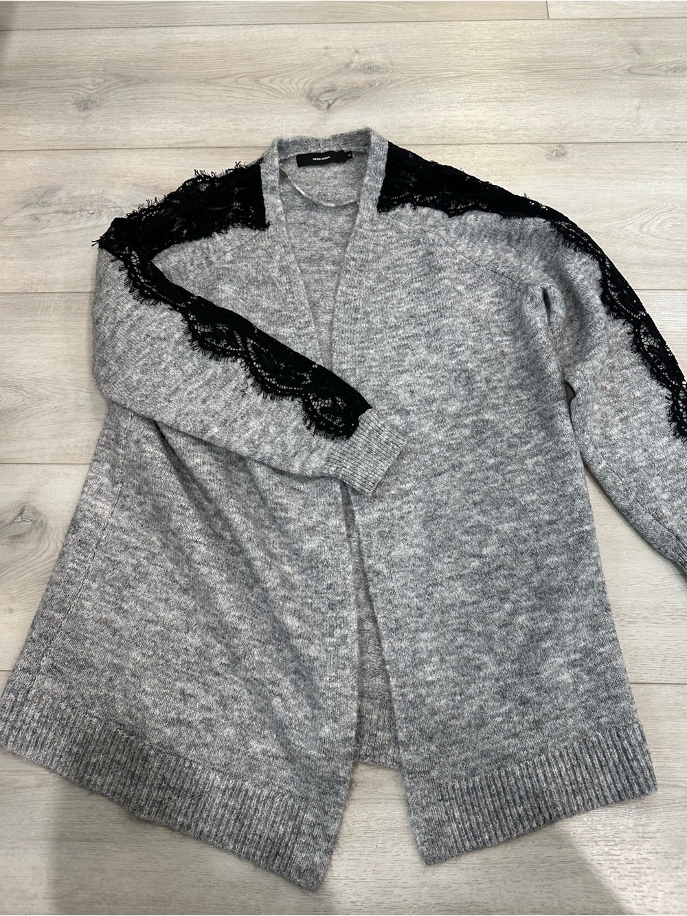 Vero Moda Gray Knit Sweater Black Lace Shoulder Detail Size 48
